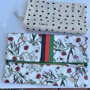 Clare V. White Floral Fold-Over Clutch with Red, Green & Black Stripes
